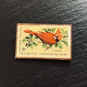 Vintage National Wildlife Conservation Cardinal Stamp Brooch Stamp Wooden Back